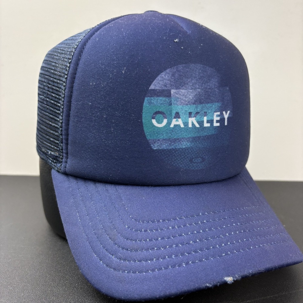 Vintage Y2K Oakley Trucker Hat Navy Blue Distressed Foam Mesh Snapback Cap